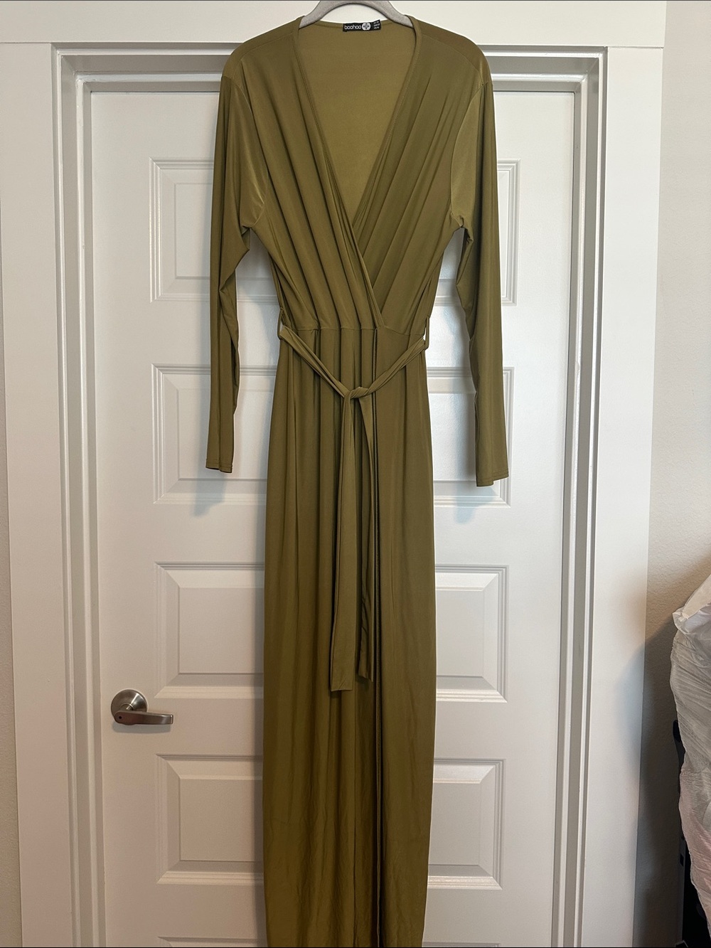 Boohoo Olive Wrap-Front Maxi Dress with Tie Waist